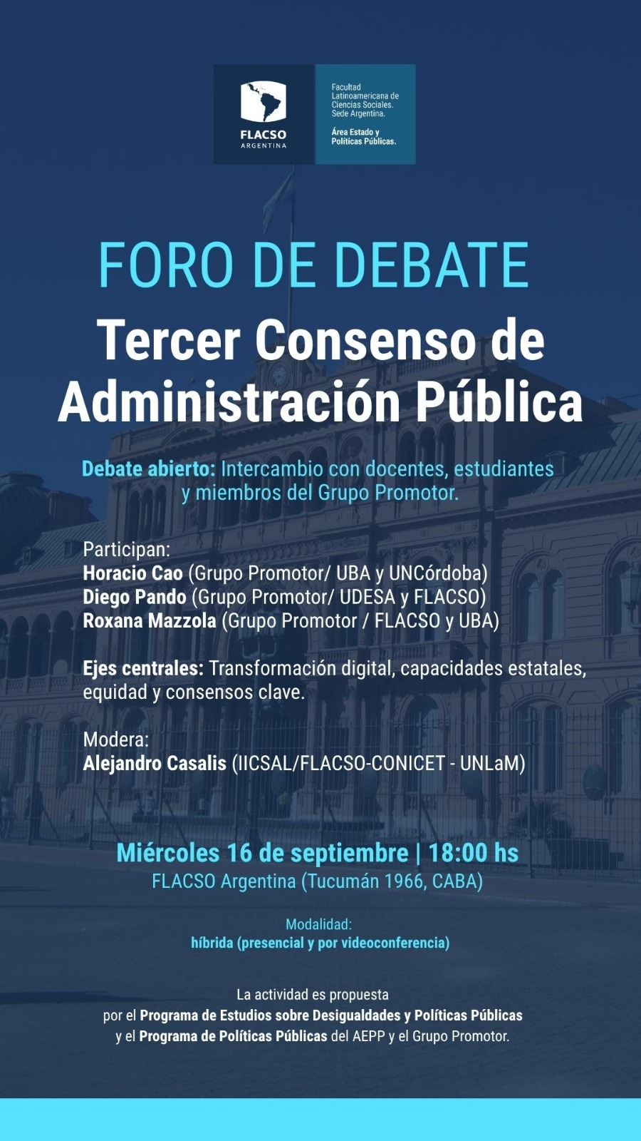 Flyer del Foro de Debate del Tercer Consenso en Administración Pública del 16 de septiembre de 2026 en FLACSO Argentina